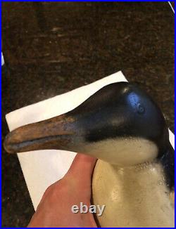 Vintage Folk Art Hand Carved Painted Wood Penguin Standing On One Foot 11