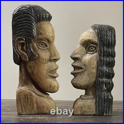Vintage Folk Art Hand Carved Polychrome Male/Female Sculptures