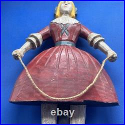 Vintage Folk Art Hand Carved Sculpture Girl With Red Dress Jump Rope 12x8in 2Lbs