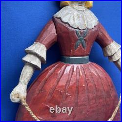 Vintage Folk Art Hand Carved Sculpture Girl With Red Dress Jump Rope 12x8in 2Lbs