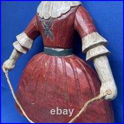 Vintage Folk Art Hand Carved Sculpture Girl With Red Dress Jump Rope 12x8in 2Lbs