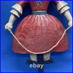 Vintage Folk Art Hand Carved Sculpture Girl With Red Dress Jump Rope 12x8in 2Lbs