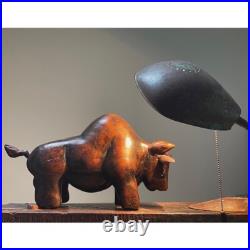 Vintage Folk Art Hand Carved Wood Bull Sculpture