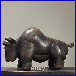 Vintage Folk Art Hand Carved Wood Bull Sculpture