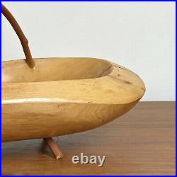 Vintage Folk Art Hand Carved Wood Vessel with Embedded Branch Handle and Legs