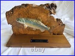 Vintage Folk Art Hand Carved Wooden Brook Trout Sculpture on Burl Wood Slab