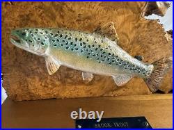 Vintage Folk Art Hand Carved Wooden Brook Trout Sculpture on Burl Wood Slab