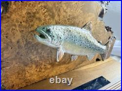 Vintage Folk Art Hand Carved Wooden Brook Trout Sculpture on Burl Wood Slab Vintage Folk Art Hand Carved Wooden Brook Trout Sculpture on Burl Wood Slab