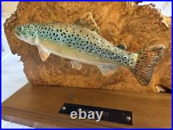 Vintage Folk Art Hand Carved Wooden Brook Trout Sculpture on Burl Wood Slab