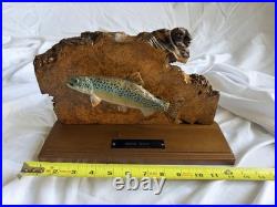 Vintage Folk Art Hand Carved Wooden Brook Trout Sculpture on Burl Wood Slab
