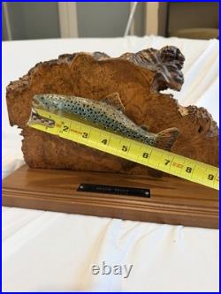 Vintage Folk Art Hand Carved Wooden Brook Trout Sculpture on Burl Wood Slab