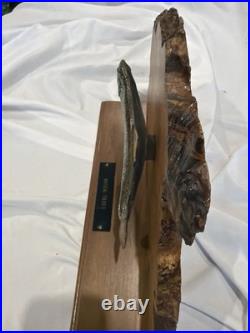 Vintage Folk Art Hand Carved Wooden Brook Trout Sculpture on Burl Wood Slab