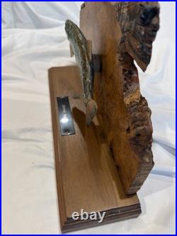 Vintage Folk Art Hand Carved Wooden Brook Trout Sculpture on Burl Wood Slab