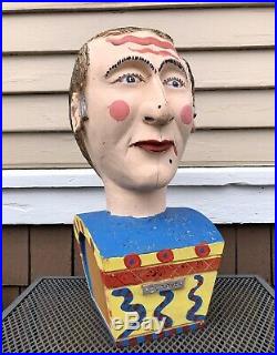 Vintage Folk Art Painted Carved Wood Carnival Sideshow Head Bust, Life Size