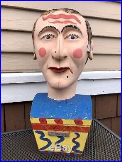 Vintage Folk Art Painted Carved Wood Carnival Sideshow Head Bust, Life Size