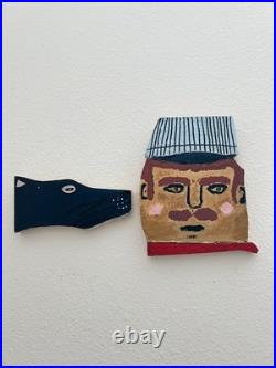 Vintage Folk Art Painted Wood outsider Wall Hanging Set of 2 conductor and dog