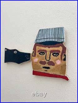 Vintage Folk Art Painted Wood outsider Wall Hanging Set of 2 conductor and dog