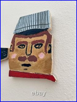 Vintage Folk Art Painted Wood outsider Wall Hanging Set of 2 conductor and dog