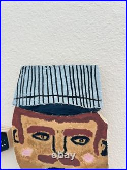 Vintage Folk Art Painted Wood outsider Wall Hanging Set of 2 conductor and dog