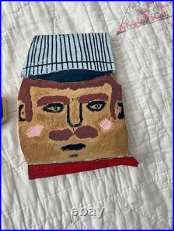 Vintage Folk Art Painted Wood outsider Wall Hanging Set of 2 conductor and dog