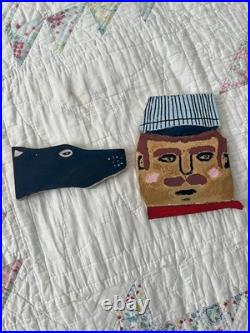 Vintage Folk Art Painted Wood outsider Wall Hanging Set of 2 conductor and dog