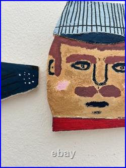 Vintage Folk Art Painted Wood outsider Wall Hanging Set of 2 conductor and dog
