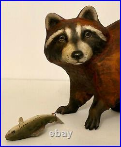 Vintage Folk Art Raccoon With Fish. Hand Carved. Crate Prospects
