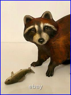 Vintage Folk Art Raccoon With Fish. Hand Carved. Crate Prospects