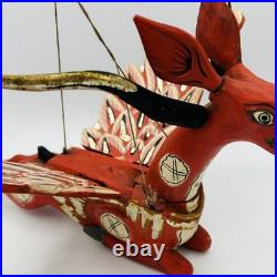 Vintage Folk Art Red Winged Deer Alebrije Hand Painted Wood Sculpture 22 Inch