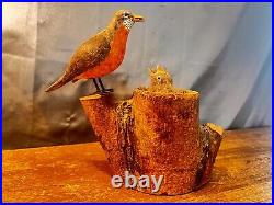 Vintage Folk Art Robin Feeding Babies Bird Art Wood Carving Sculpture