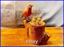 Vintage Folk Art Robin Feeding Babies Bird Art Wood Carving Sculpture