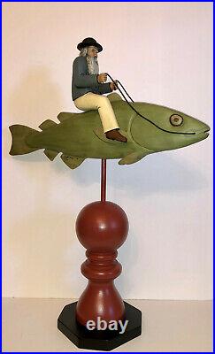 Vintage Folk Art Wood Carving Man Riding Fish. Signed Bill Harris 1994. S. C