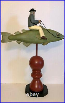 Vintage Folk Art Wood Carving Man Riding Fish. Signed Bill Harris 1994. S. C