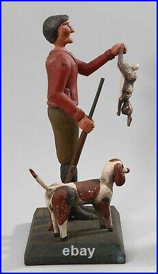 Vintage Folk Art wood carving sculpture of hunter, dog, rabbit