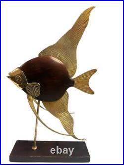 Vintage Frederick Cooper style MCM Angel Fish Brass Sculpture wood stand 22