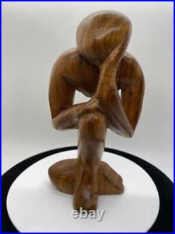 Vintage Free Form Modernist Wood Sculpture Thinker Man Minimalist Style