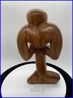 Vintage Free Form Modernist Wood Sculpture Thinker Man Minimalist Style