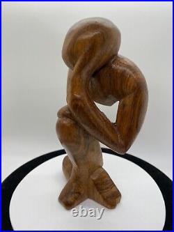 Vintage Free Form Modernist Wood Sculpture Thinker Man Minimalist Style