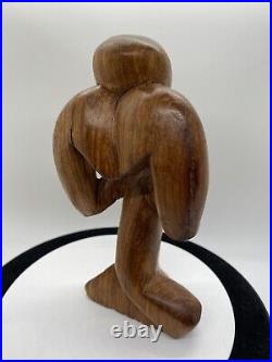 Vintage Free Form Modernist Wood Sculpture Thinker Man Minimalist Style