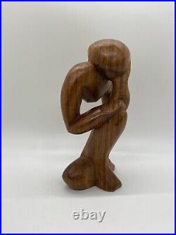 Vintage Free Form Modernist Wood Sculpture Thinker Man Minimalist Style