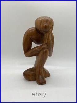 Vintage Free Form Modernist Wood Sculpture Thinker Man Minimalist Style