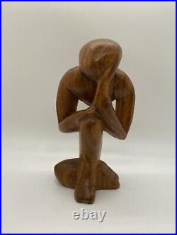 Vintage Free Form Modernist Wood Sculpture Thinker Man Minimalist Style