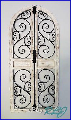 Vintage French Country Distressed Wood Metal Garden Gate Arch Window Wall Decor
