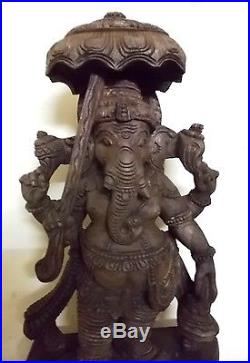 Vintage Ganesha Sculpture HinduGod Umbrella Ganesh Statue Carved Temple Figurine
