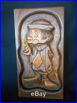 Vintage George Updegraff 1975 Wall Wood Carving Clown smelling flowers Signed