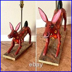 Vintage Guatemalan Folk Art Primitive Wood Sculpture Lamp Red Coyote Alebrije