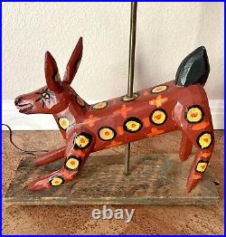 Vintage Guatemalan Folk Art Primitive Wood Sculpture Lamp Red Coyote Alebrije
