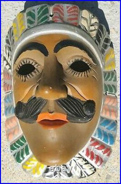 Vintage Guatemalan Mayan Hand Carving art Wood dance Mask Conquest Indian face