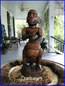 Vintage Haiti Drummer Man Large Wood Sculpture Haitian Music Folk Art Figure
