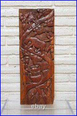 Vintage Haitian Wood Carving Wall Plaque 23 Inch Harvest Scene Folk Art Farming